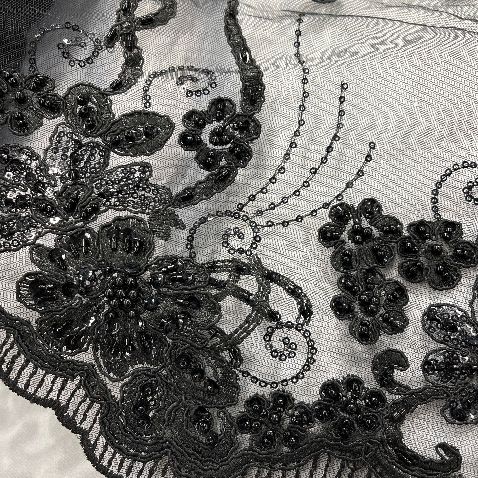 Beaded & Corded Lace Fabric Embroidered on 100% Polyester Net Mesh | Lace USA - GD-1807-1