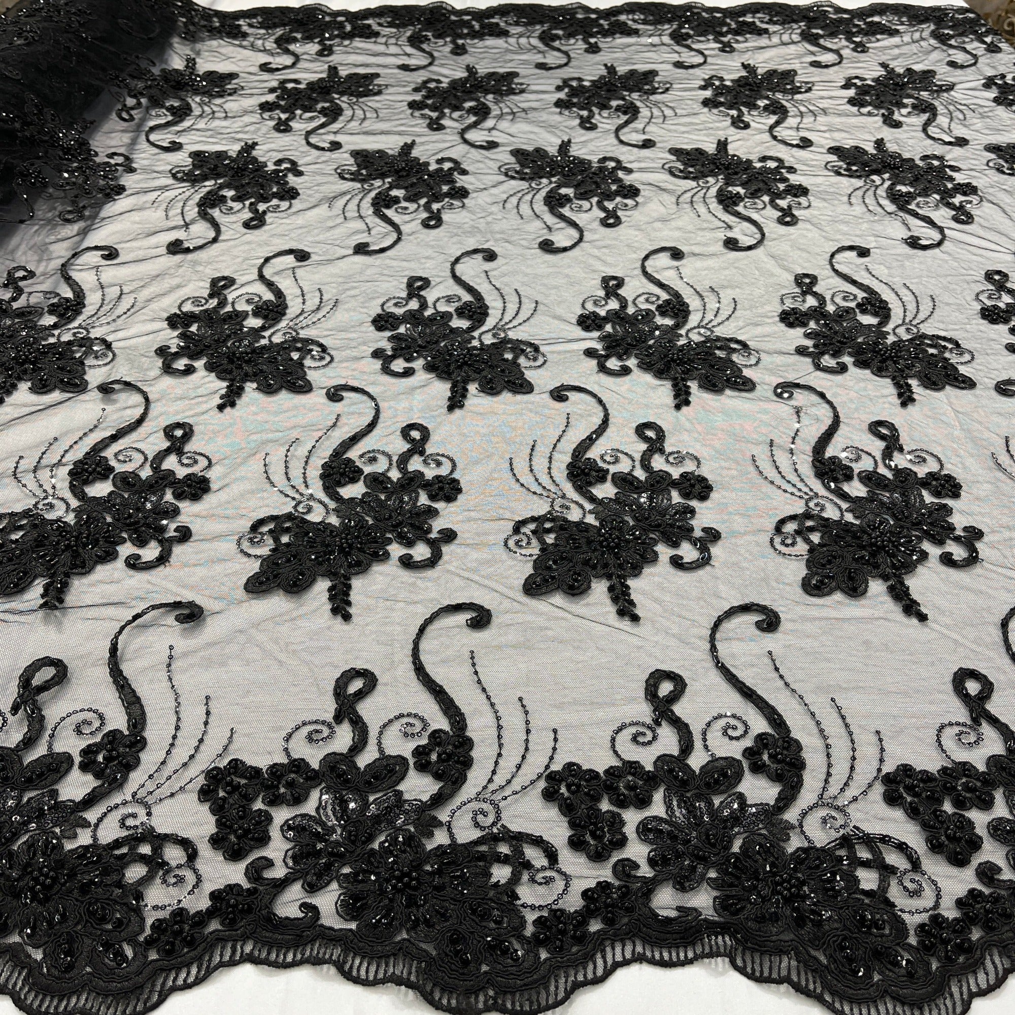 Beaded & Corded Lace Fabric Embroidered on 100% Polyester Net Mesh | Lace USA - GD-1807-0