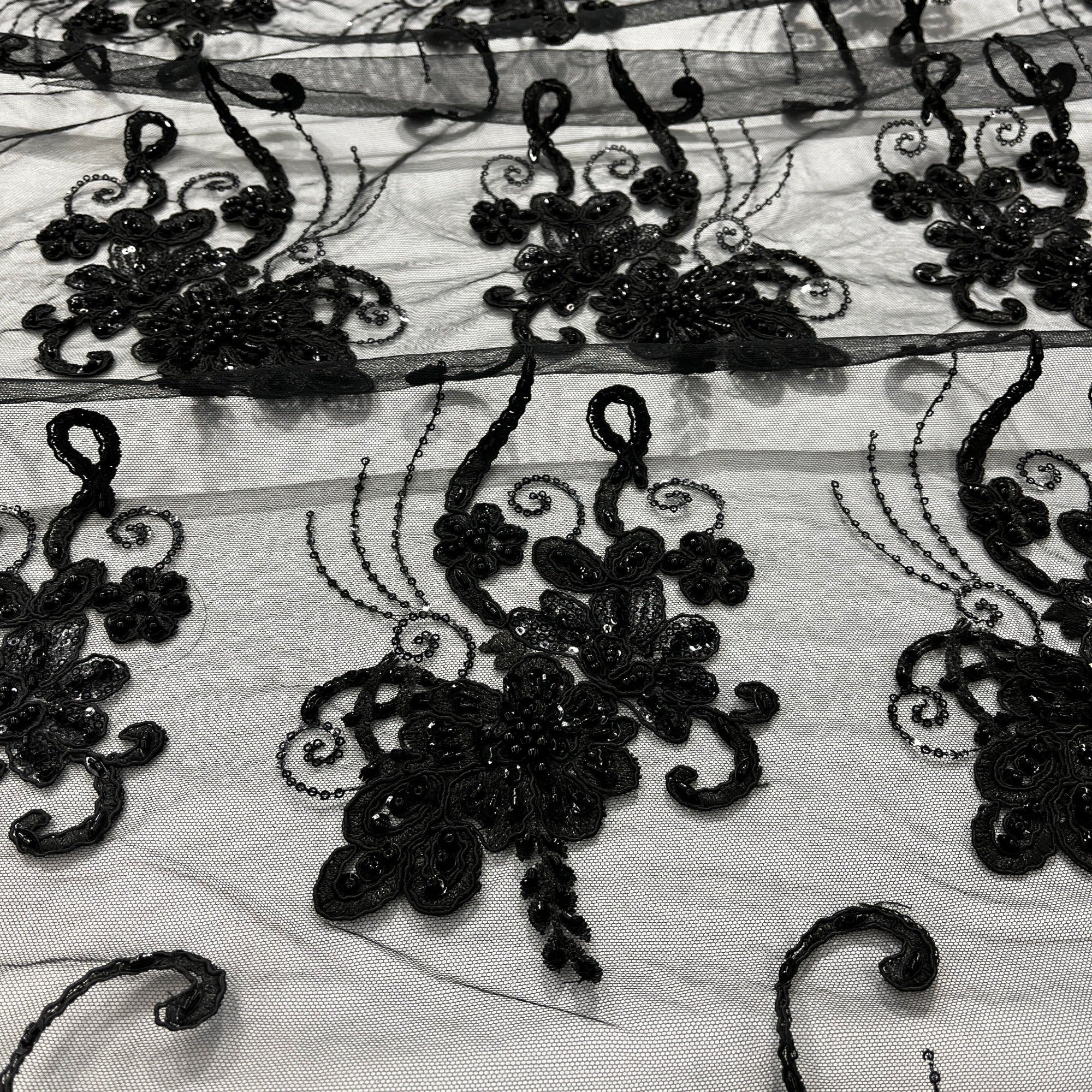 Beaded & Corded Lace Fabric Embroidered on 100% Polyester Net Mesh | Lace USA - GD-1807-2