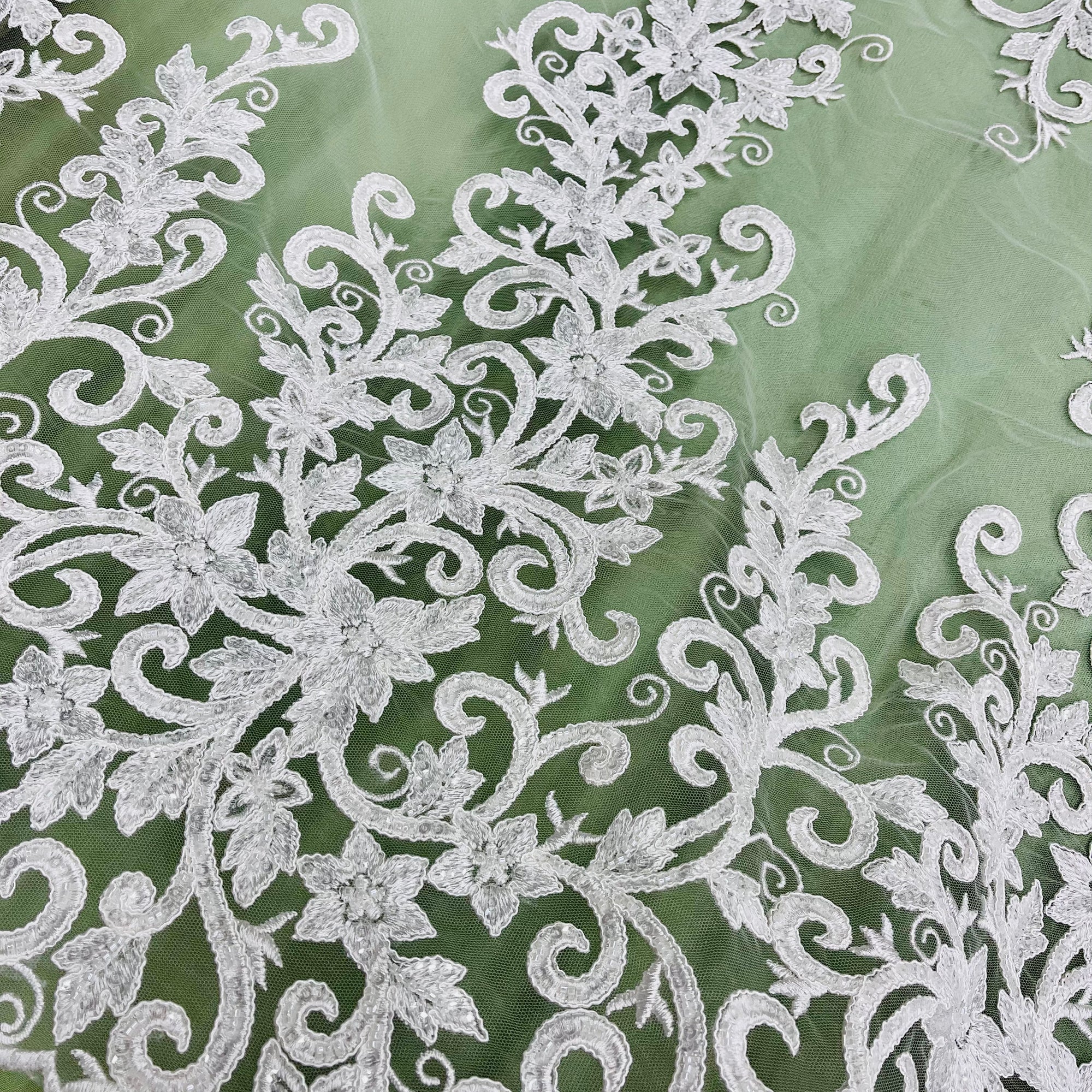 Beaded & Corded Bridal Fabric Lace Embroidered on 100% Polyester Net Mesh | Lace USA - 97219W-HB-0